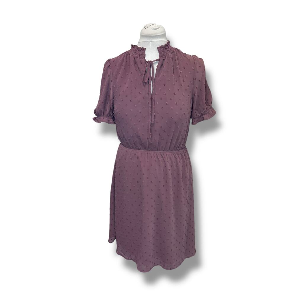 Monteau Women’s Short Sleeve Swiss Dot Tie Neck Mini Dress, Mauve, size M